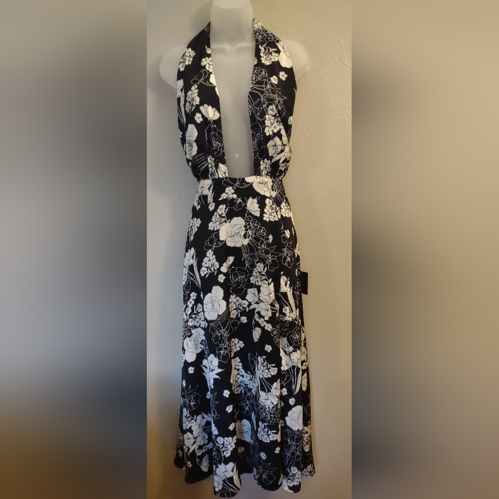 Lulus Black And White Floral Halter Midi Dress Size XL